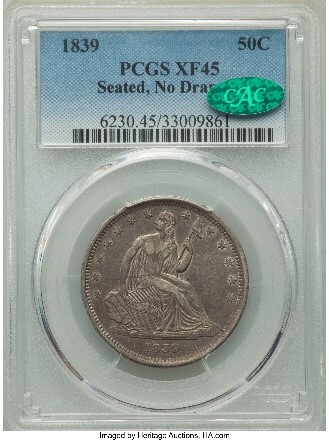 Obverse Slab Shot of an 1839 PCGS graded XF45 Liberty Seated, No Drapery, CAC Stickered, Half Dollar