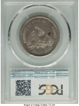 Reverse Slab Shot of an 1839 PCGS graded XF45 Liberty Seated, No Drapery, CAC Stickered, Half Dollar