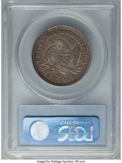 Reverse Slab Shot of an 1842 PCGS XF45 graded, small date, Rev of 1842, CAC Stickered, Liberty Seated Half Dollar