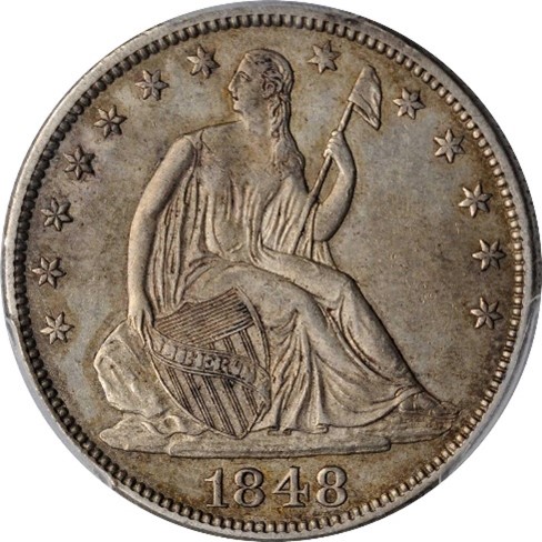 Obverse of an 1848 Liberty Seated Half Dollar