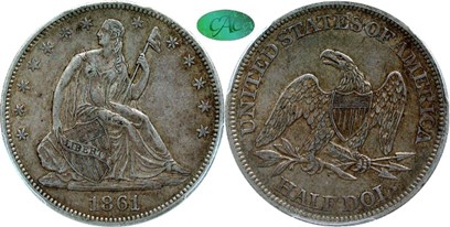 CAC certified 1861 Liberty Seated half dollar, obverse and reverse