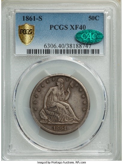 Obverse slab shot of PCGS graded 1861-S half dollar with a grade of XF40 and a CAC Sticker