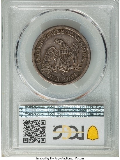 Reverse slab shot of PCGS graded 1861-S half dollar with a grade of XF40 and a CAC Sticker