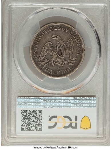 Reverse slab shot of 1866-S half dollar graded a VF30 by PCGS and stickered by CAC, No motto