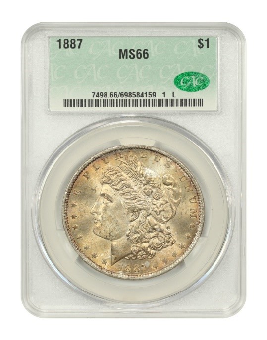 CAC Slab Shot of 1887 $1 Morgan with MS66 Grade