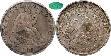 Obverse and Reverse of raw 1873 Liberty Seated Half Dollar
