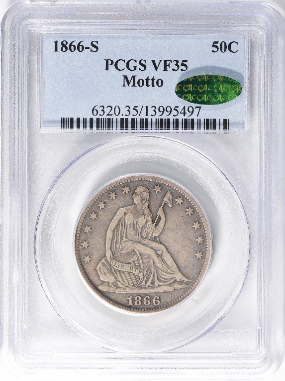 PCGS Slab Shot of an 1866-S Liberty Seated, with Motto, Half Dollar