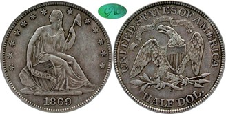 Raw obverse and reverse of an 1869 Liberty Seated Half Dollar