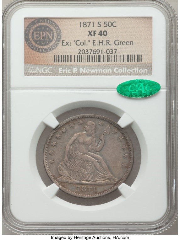 NGC Slab shot of an 1871-S Half Dollar graded an Extremely Fine 40 from the Eric P. Newman Collection