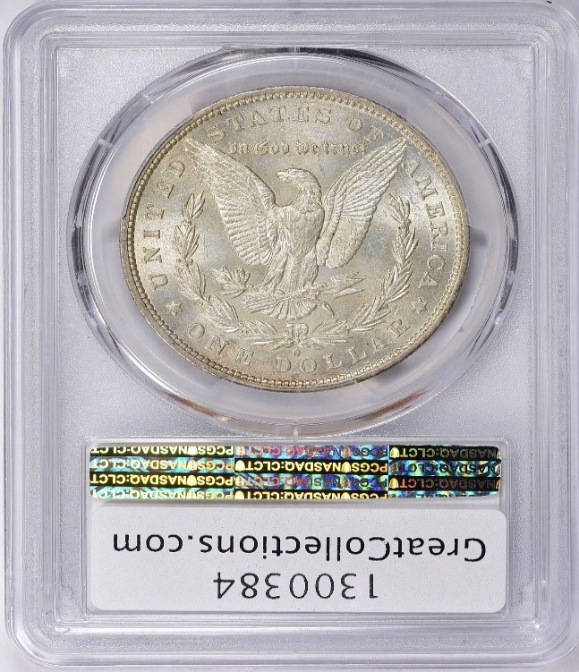 Reverse of 1879-O Morgan Dollar graded by PCGS and stickered by CAC with an AU58 Grade.