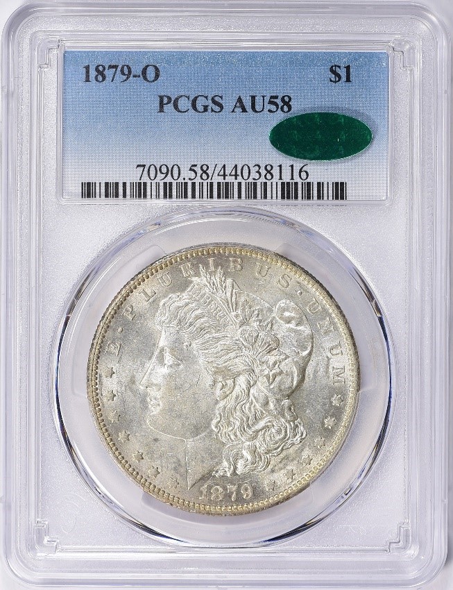 Obverse of 1879-O Morgan Dollar graded by PCGS and stickered by CAC with an AU58 Grade.