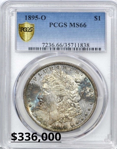 Obverse slab shot of PCGS 1895-O $1 Morgan with a MS66 Grade valued at $336,000