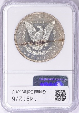 Reverse slab shot of 1890-S Morgan Dollar graded by NGC and stickered by CAC with a grade of PF63