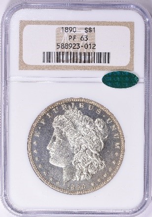 Obverse slab shot of 1890-S Morgan Dollar graded by NGC and stickered by CAC with a grade of PF63