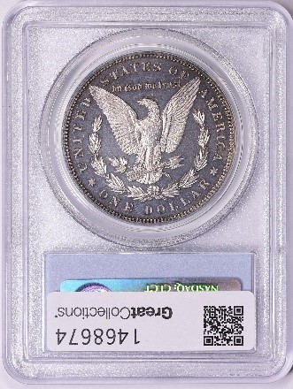 Reverse slab shot of 1885 Morgan Dollar graded by PCGS and stickered by CAC with a grade of PR63