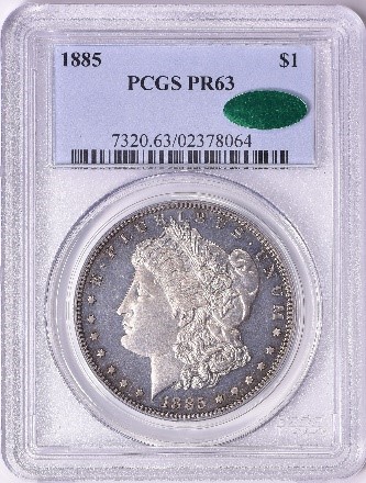 Obverse slab shot of 1885 Morgan Dollar graded by PCGS and stickered by CAC with a grade of PR63