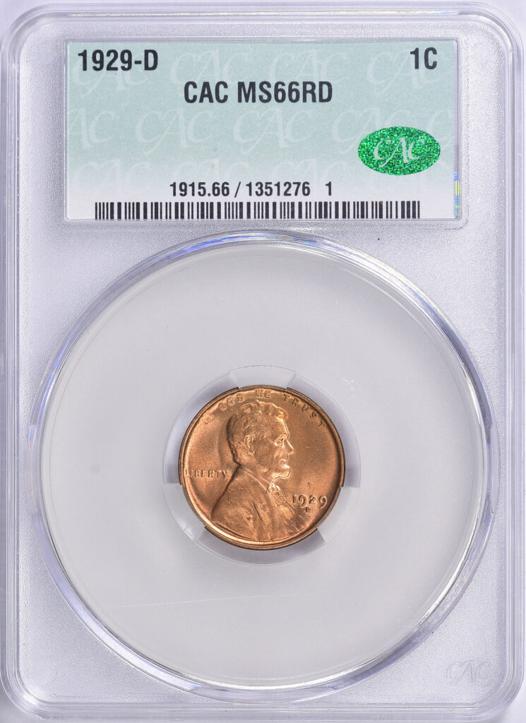 Obverse Slab shot of CAC MS66 Red 1929-D Lincoln Cent