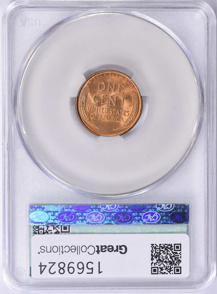 Reverse Slab shot of CAC MS66 Red 1929-D Lincoln Cent