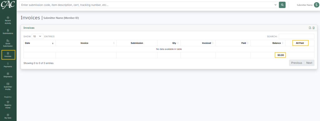 Screenshot of the Invoices webpage on the Submitter Portal.