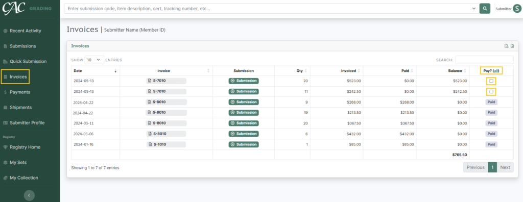 Screenshot of the Invoices tab with Open Invoices to pay on the Submitter Portal.