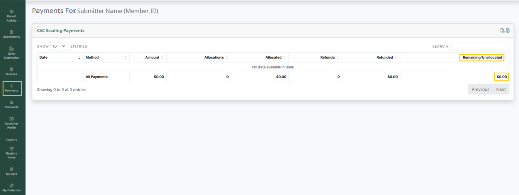 Screenshot of the Payments tab on the Submitter Portal.