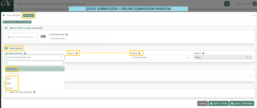 Screenshot of the New Item window from the Quick Submission tab on the Submitter Portal.