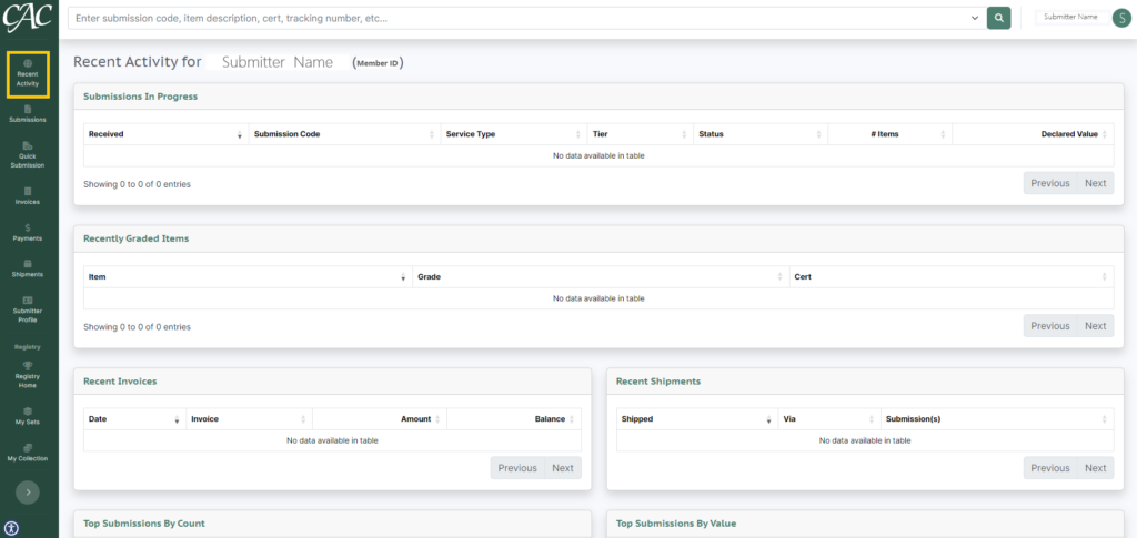 Screenshot of Recent Activity Page on the Submitter Portal.