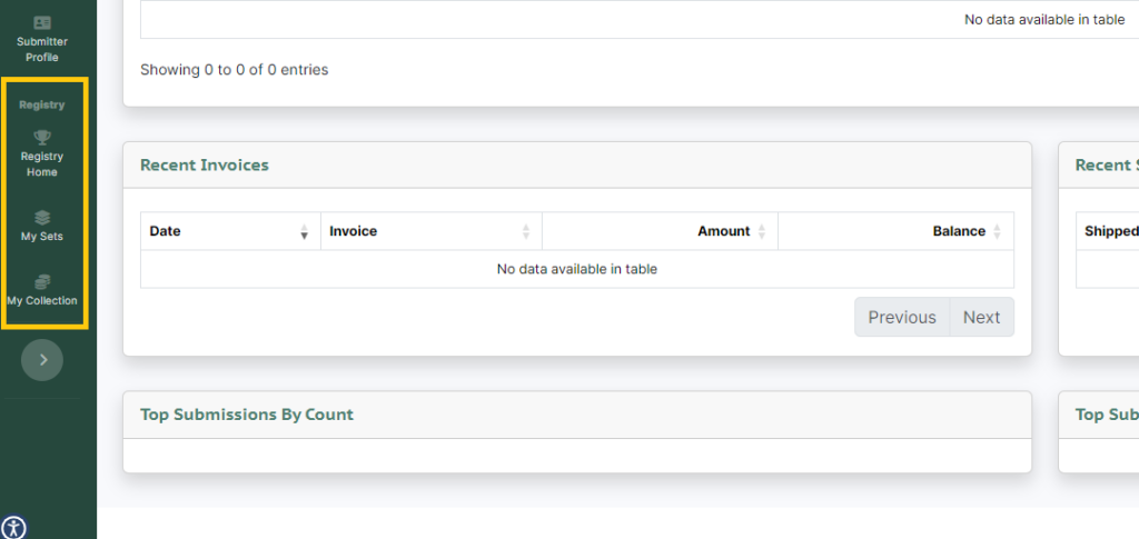 Screenshot of the CAC Registry quick links on the Submitter Portal.