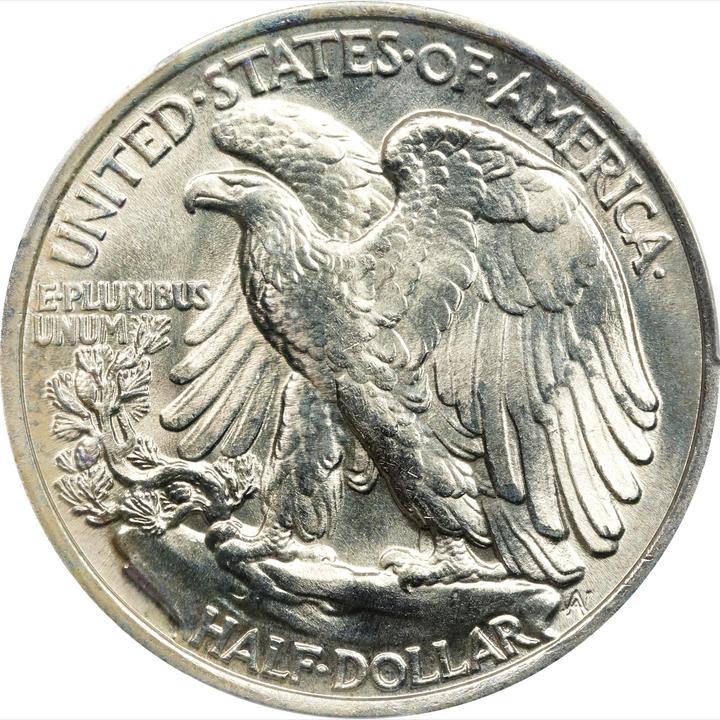 Reverse of raw 1937 Walking Liberty MS67 Half Dollar, Photo by Stacks and Bowers