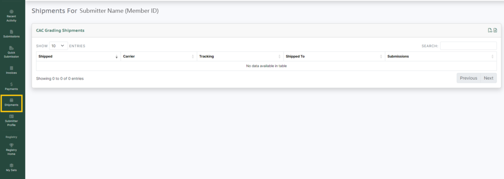 Screenshot of the Shipments tab on the Submitter Portal.