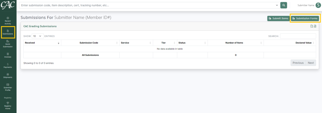 Screenshot of the Submissions Page on the Submitter Portal.