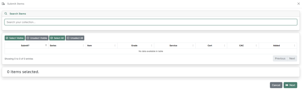 Screenshot of the "Submit Items" feature on the Submitter Portal.