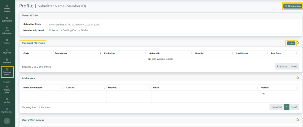 Screenshot of the Profile page on the Submitter Portal.