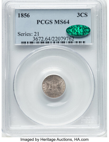 Obverse slab shot of PCGS 1856 Three cent silver, courtesy of Heritage Auctions