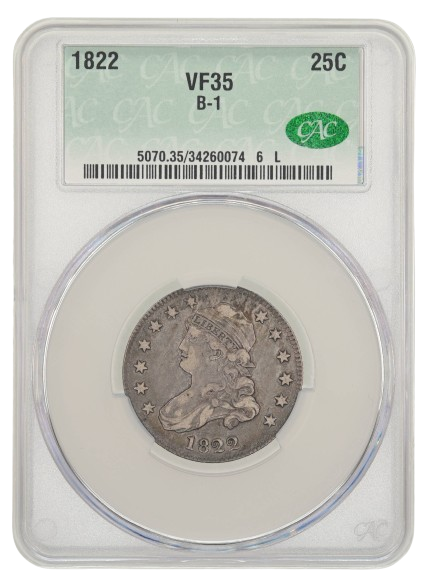 1822 Capped Bust Quarter Dollar graded a VF35 in a CAC Holder, Obverse