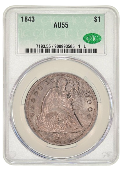 1843 One Dollar graded an AU55 in a CAC Holder, Obverse