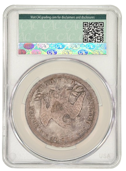 1843 One Dollar graded an AU55 in a CAC Holder, Reverse