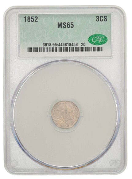 1852 Three Cent Silver graded an MS65 in CAC Holder, Obverse
