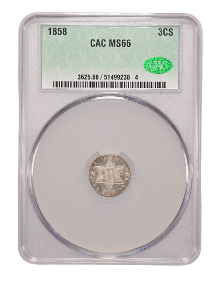 1858 Three Cent Silver graded an MS 66 in a CAC Holder, Obverse