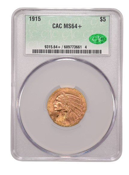 1915 Five Dollar Indian Gold graded an MS64+ in a CAC Holder, Obverse