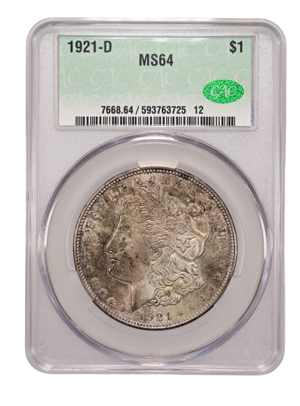 1921-D One Dollar graded an MS64 in CAC Holder, Obverse