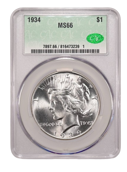 1934 Peace One Dollar graded an MS66 in a CAC Holder, Obverse