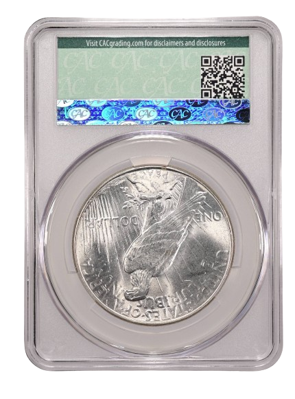 1934 Peace One Dollar graded an MS65 in a CAC Holder, Reverse