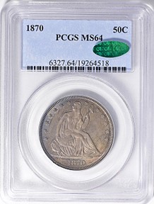 1870 Half Dollar in a PCGS holder with an MS64 grade and Green CAC Sticker