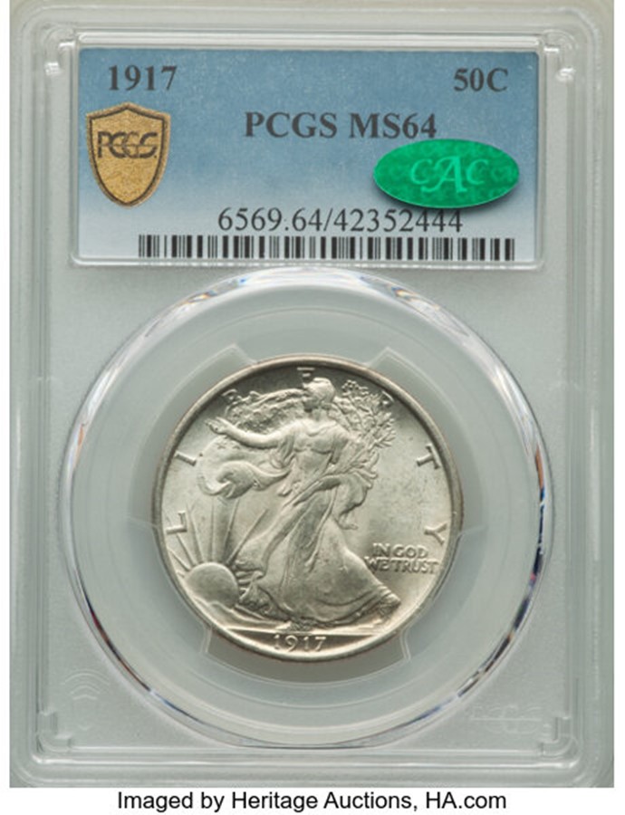 1917 Half Dollar in PCGS Holder with MS64 Grade and Green CAC Sticker