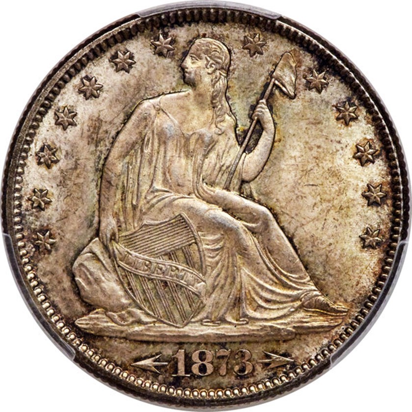Raw obverse of an 1873 Liberty Seated Half Dollar with Arrows.
