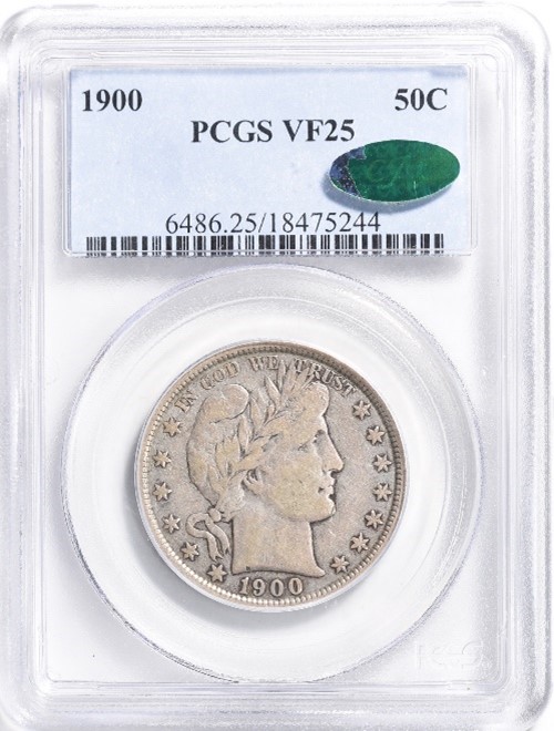 Obverse slab shot of a 1900 Half Dollar PCGS graded VF25 with CAC Sticker. Photo by Great Collections.