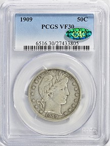 Obverse slab shot of a 1909 Half Dollar PCGS graded VF30 with CAC Sticker. Photo by Great Collections.