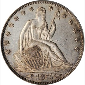 Stack's Bowers photographed raw 1874 Half Dollar Obverse with Arrows.