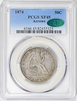 Great Collections, PCGS graded XF45 with arrows 1874 half dollar.